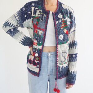 Vintage Heirloom Blue Knit Christmas Tree Santa Snowflake Holiday Cardigan M